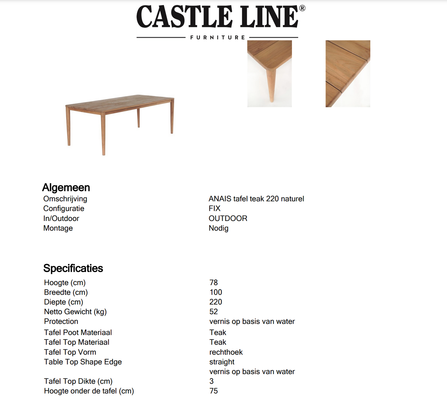 Teak tafel anais natural 220 cm