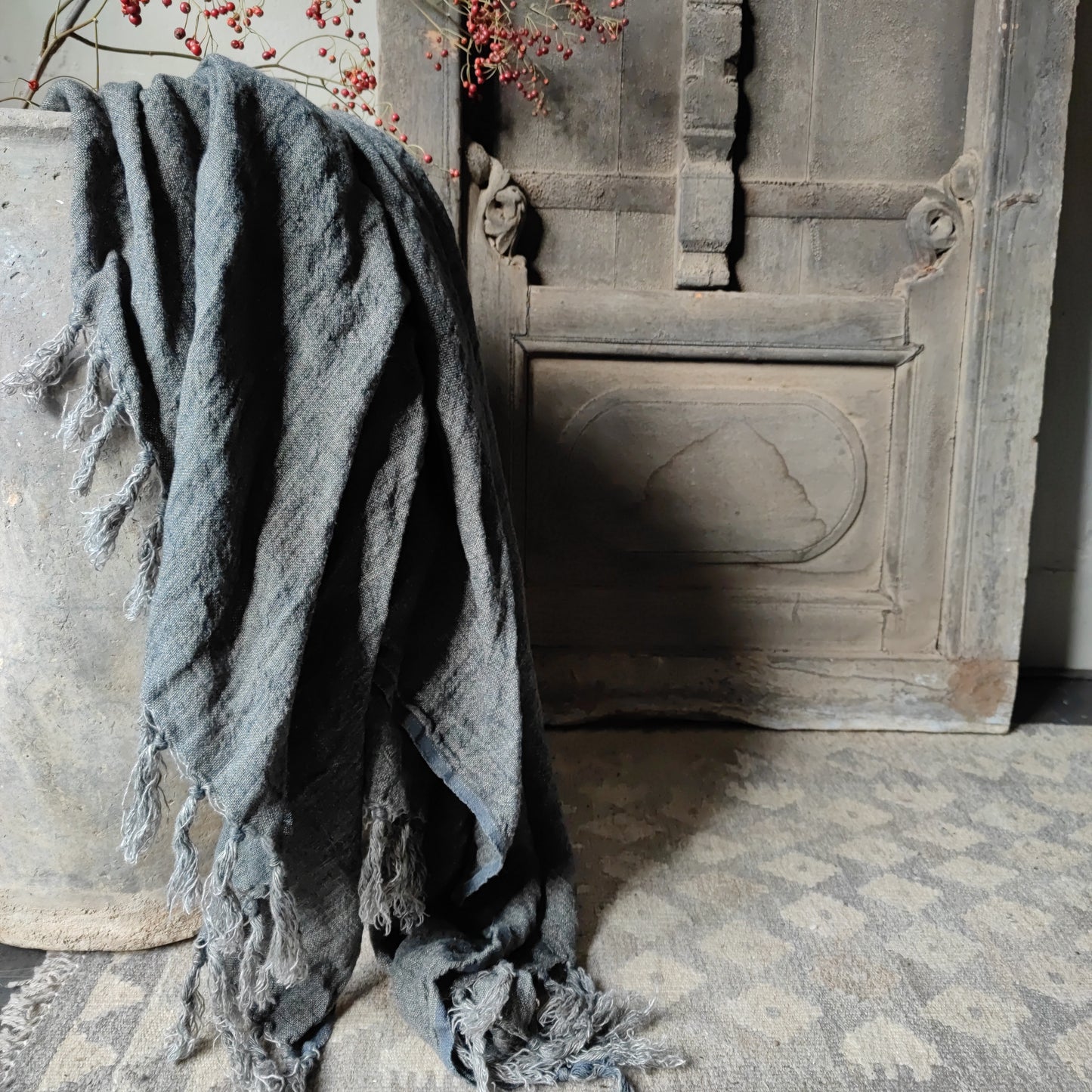 Plaid stonewashed gray linen